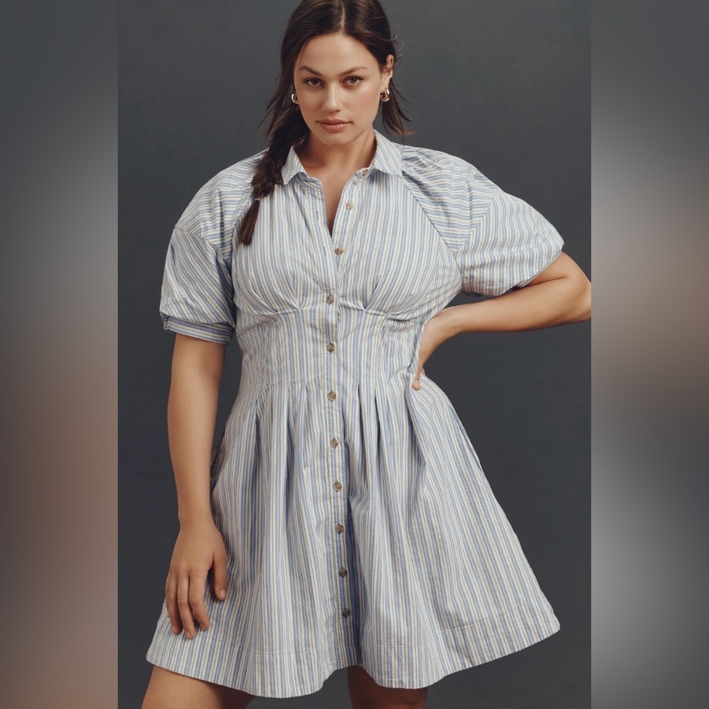 ✨ Anthropologie Puff-Sleeve Mini Shirt Dress Sz L - Picture 5 of 11